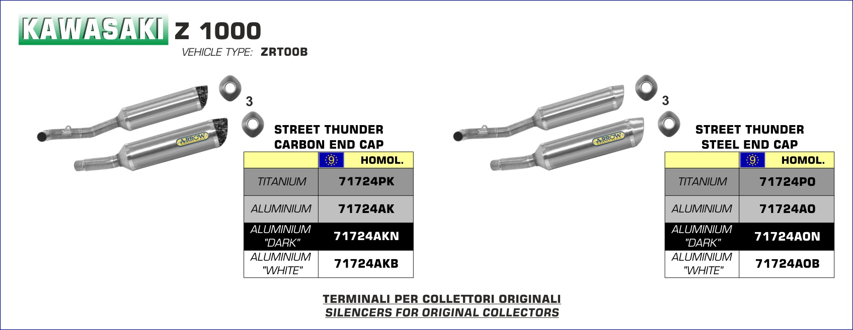 Terminali Pro-Racing Road Approved (Dx+Sx) con fondello in acciaio inox ARROW per Kawasaki Z 1000 dal 2007.0 al 2009 - immagine 3