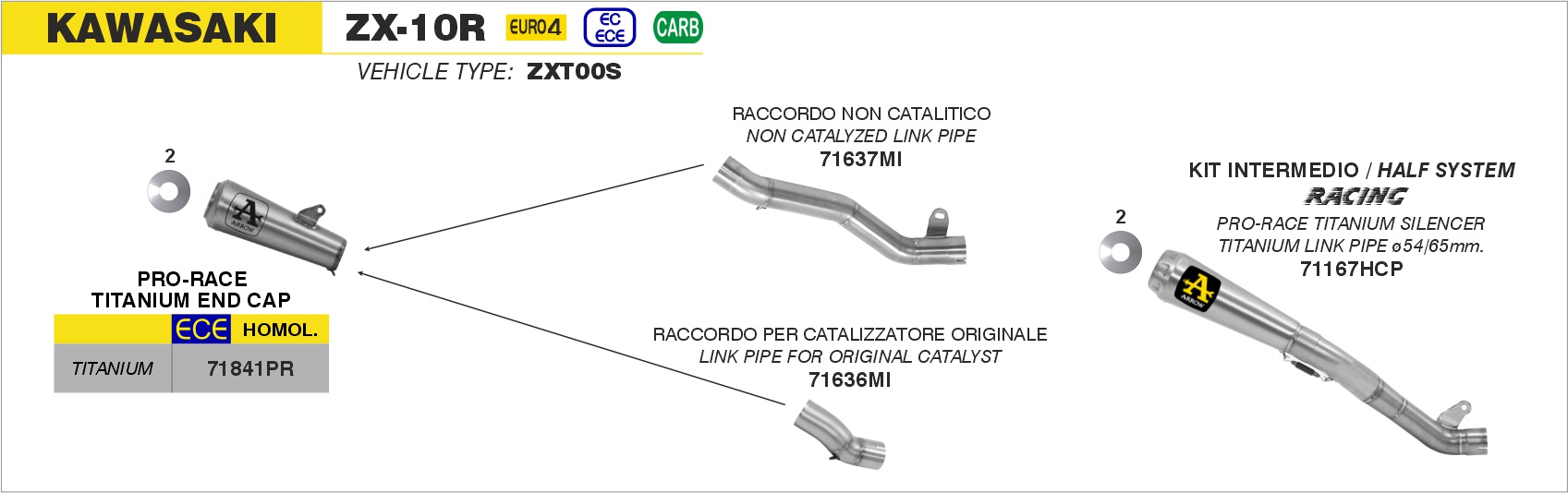Kit intermedio racing - Terminale Pro-Race titanio + Raccordo titanio ø65mm. ARROW per Kawasaki ZX-10R dal 2016.0 al 2019 - immagine 4