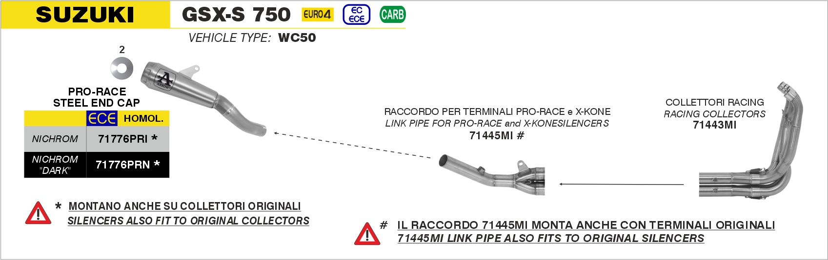 Raccordo per terminali RaceTech, per collettori originali ARROW per Suzuki GSX-S 750 dal 2017.0 al 2020 - immagine 4