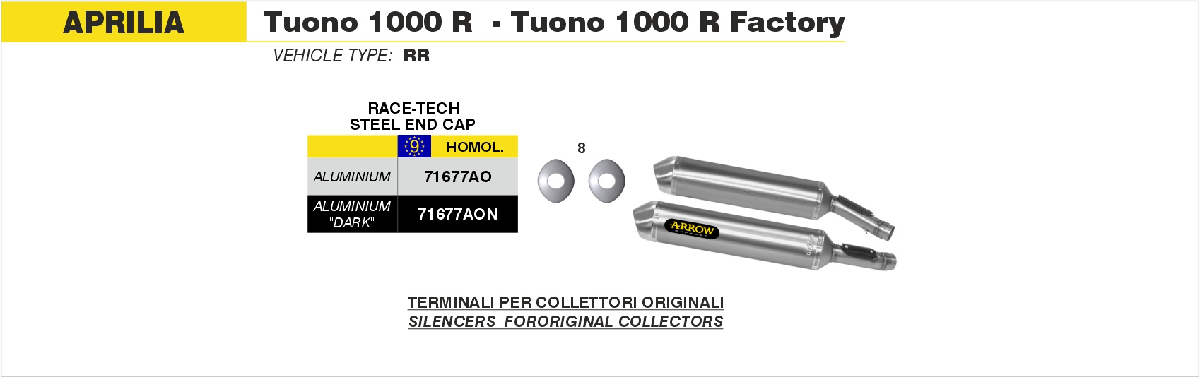 Terminale Race-Tech Approved aluminium Dark"" ARROW per Aprilia TUONO 1000 R / R Factory dal 2006.0 al 2010 - immagine 3