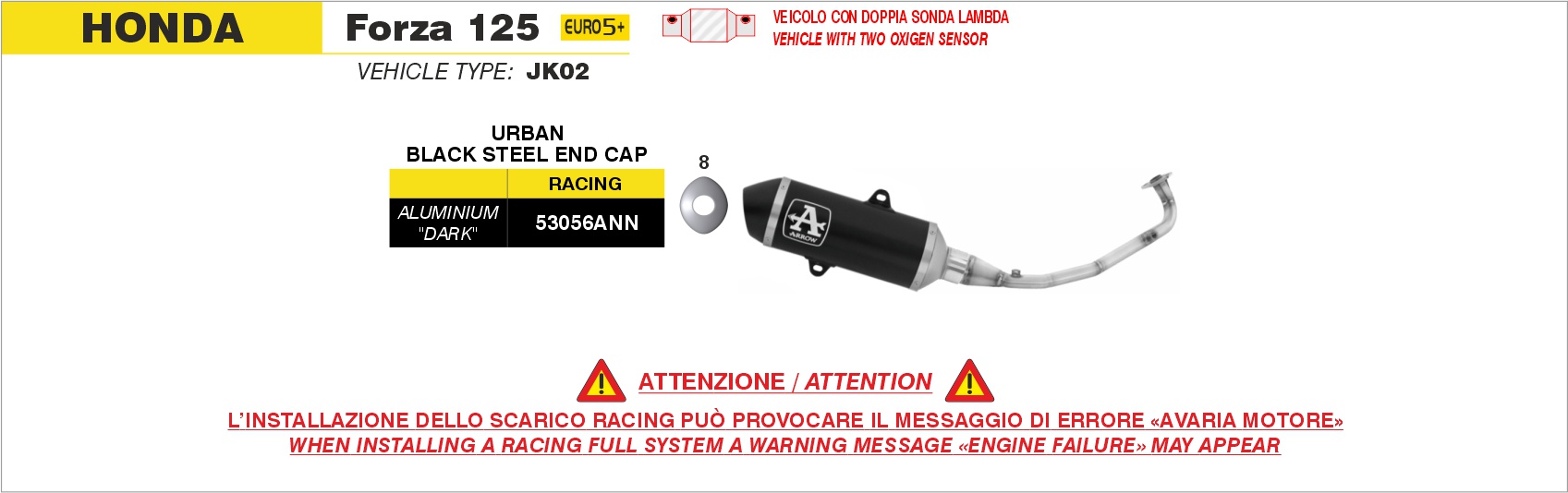 Kit completo racing con terminale Urban in alluminio Dark" con fondello inox "Dark"" ARROW per Honda FORZA 125 dal 2025.0 al 2026 - immagine 2