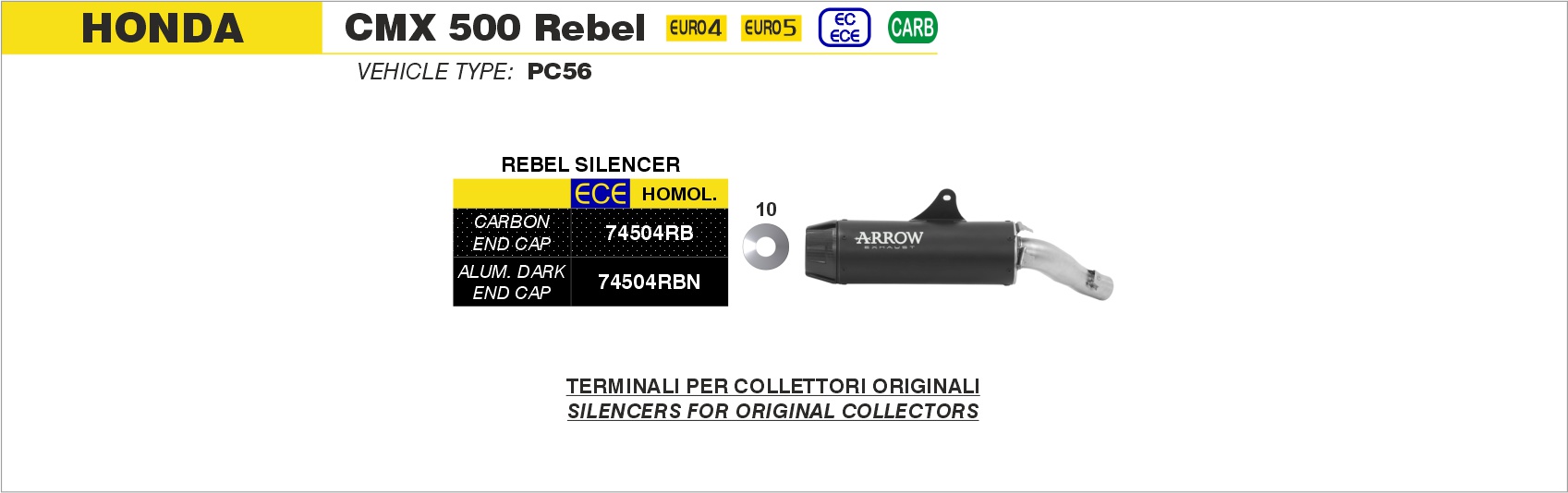 Kit terminale Rebel con fondello in alluminio Dark"" ARROW per Honda CMX 500 Rebel dal 2020.0 al 2024 - immagine 4