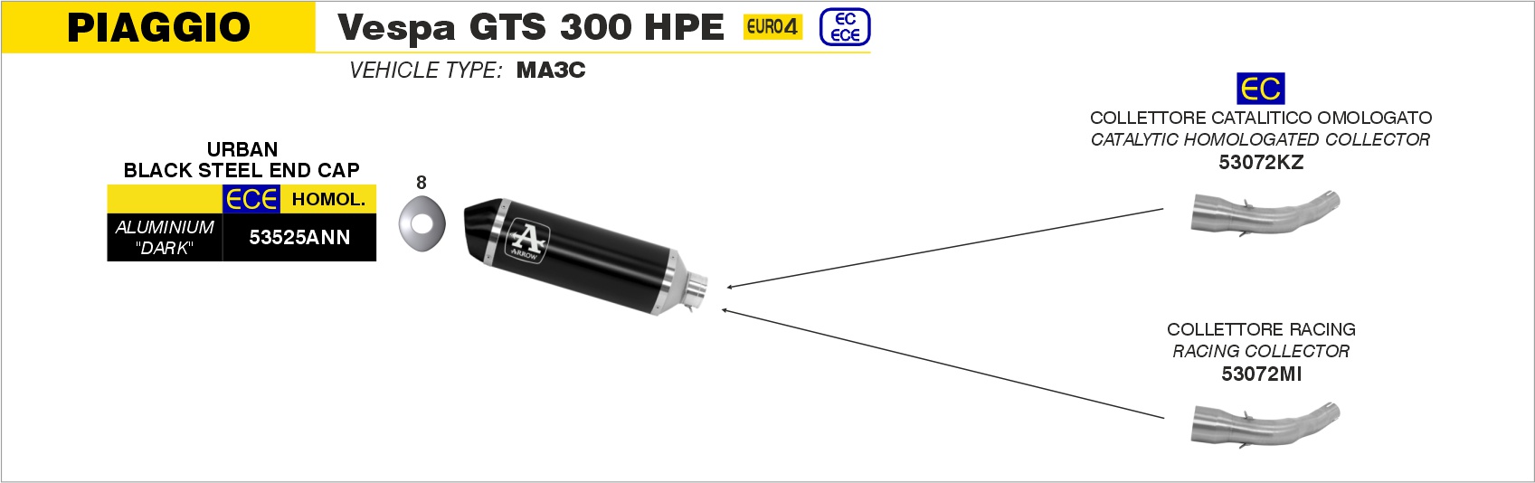 Raccordo racing per scarico Urban ARROW per Piaggio VESPA GTS 300 HPE dal 2019.0 al 2020 - immagine 4