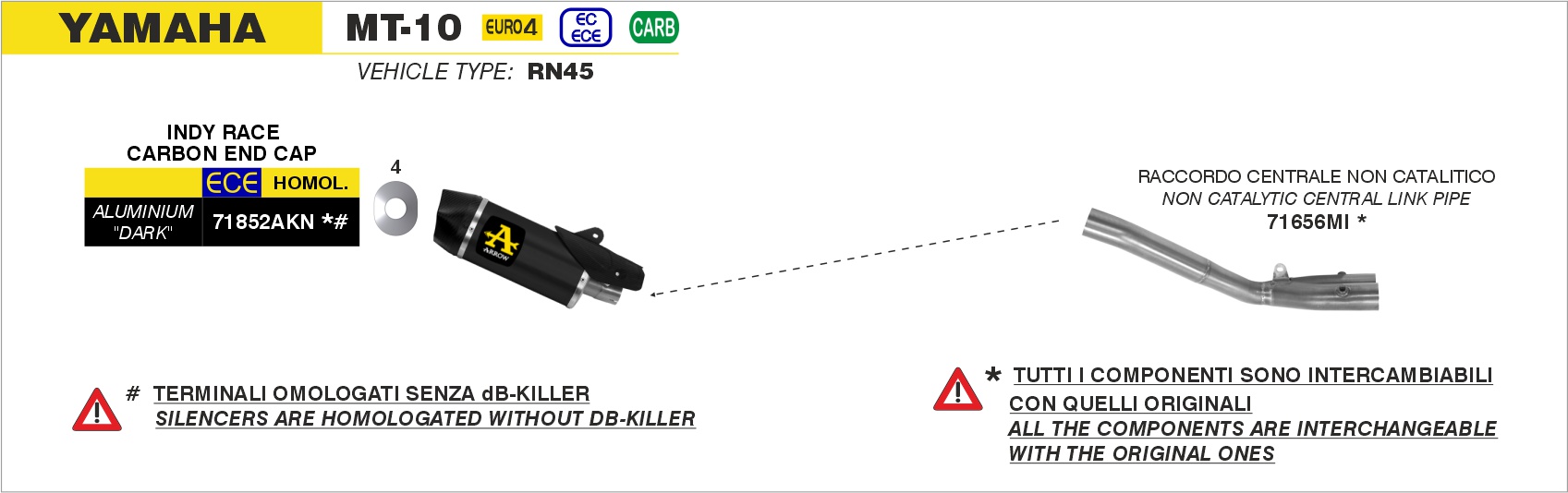 Kit intermedio racing - Terminale Pro-Race titanio + Raccordo titanio ø60mm. ARROW per Yamaha MT-10 dal 2016.0 al 2020 - immagine 3