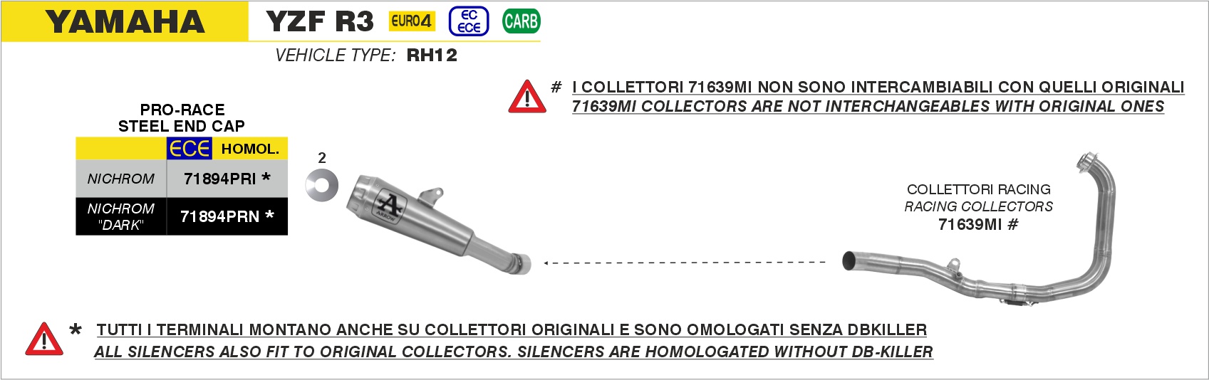 Kit completo COMPETITION EVO" con dBKiller con fondello carby" ARROW per Yamaha YZF R3 dal 2019.0 al 2020 - immagine 4