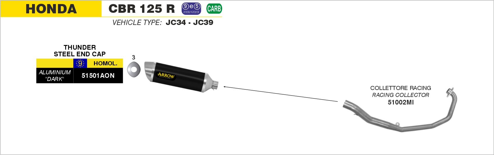 Terminale Thunder Approved alluminio per collettori originali ARROW per Honda CBR 125 R dal 2004.0 al 2006 - immagine 4