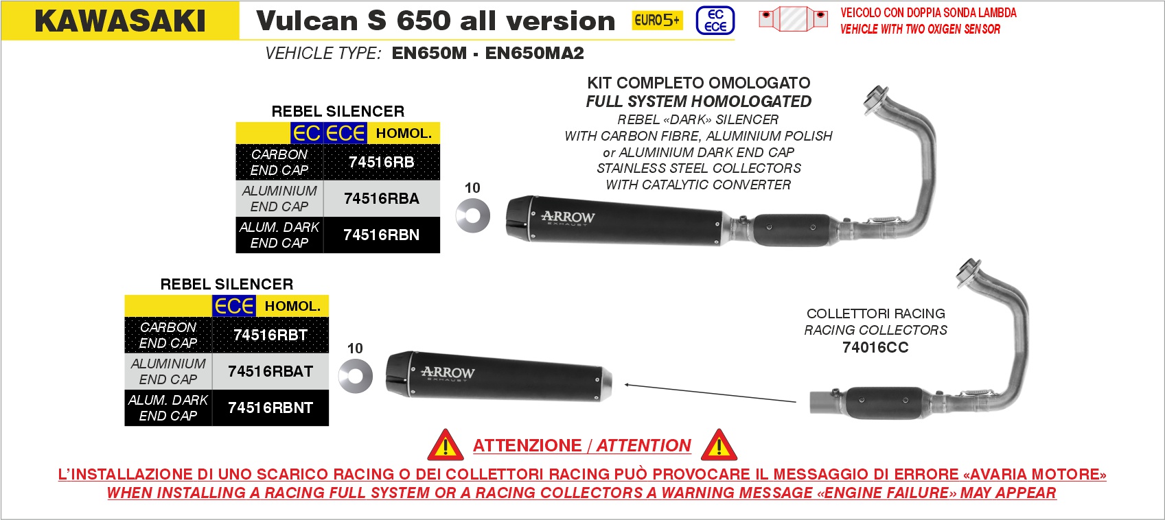 Terminale Rebel con fondello in alluminio lucido ARROW per Kawasaki Vulcan S 650 dal 2025.0 al 2026 - immagine 4