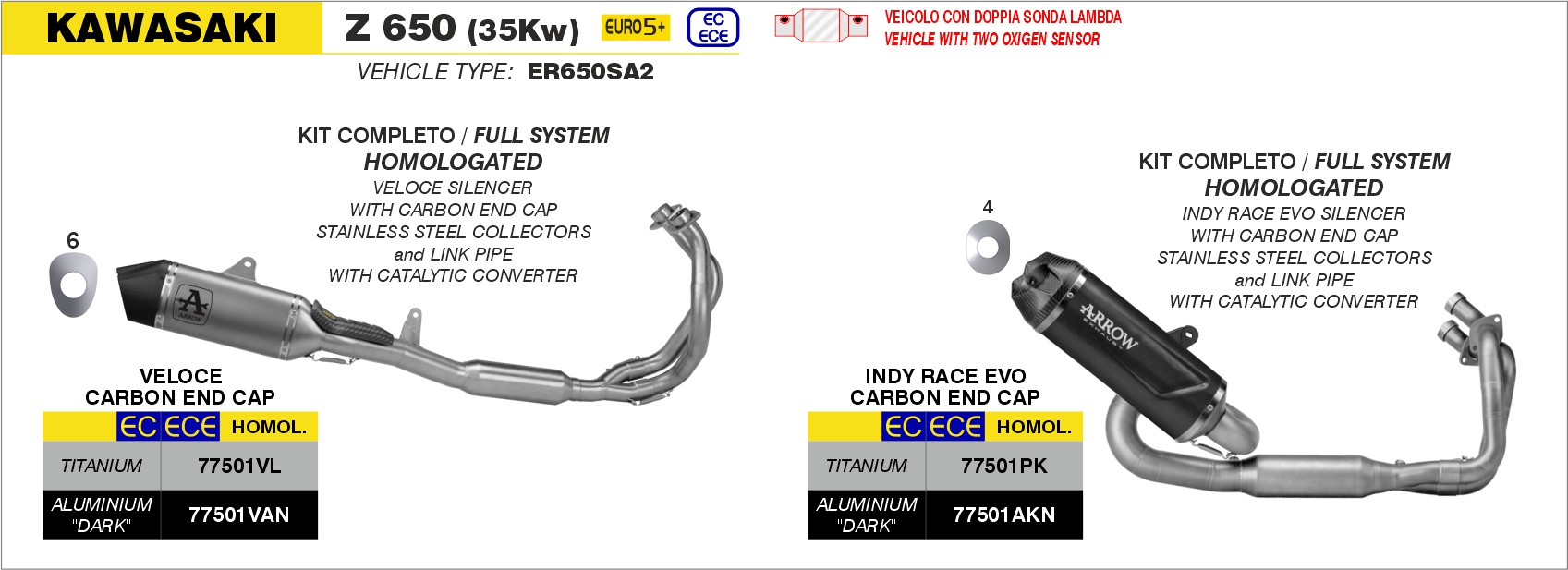 Kit completo omologato con terminale Indy Race EVO in titanio ARROW per Kawasaki Z 650 (35Kw) dal 2024.0 al 2026 - immagine 4
