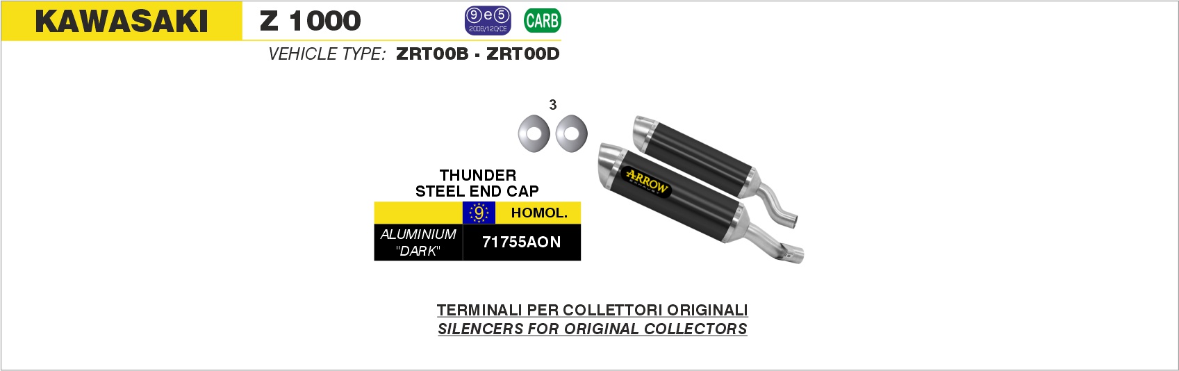 Terminali Thunder Approved Alluminio (Dx+Sx) ARROW per Kawasaki Z 1000 dal 2010.0 al 2013 - immagine 4