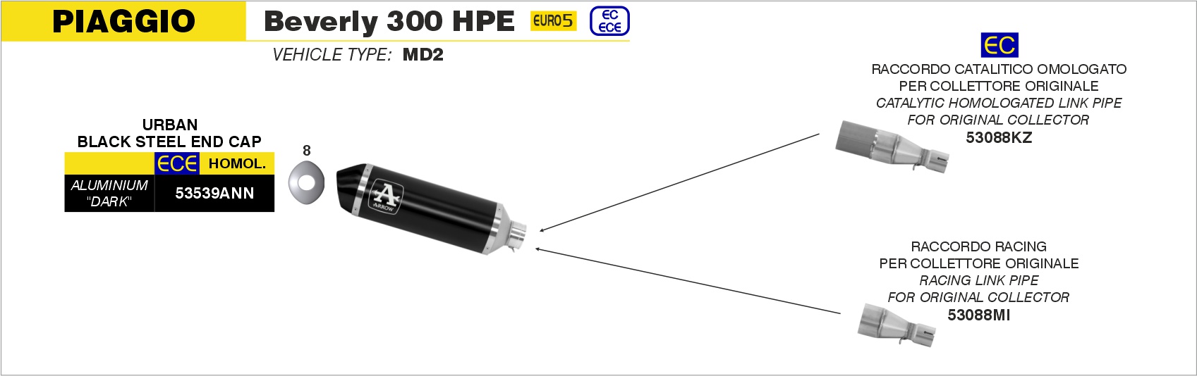 Collettore racing per scarico Urban ARROW per Piaggio Beverly 300 HPE dal 2021.0 al 2024 - immagine 4