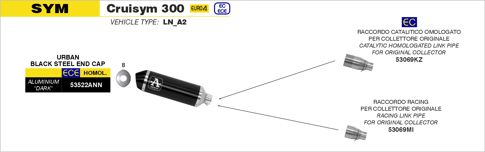 Terminale Urban acciaio inox con fondello Dark"" ARROW per SYM CruiSym 300 dal 2017.0 al 2020 - immagine 2
