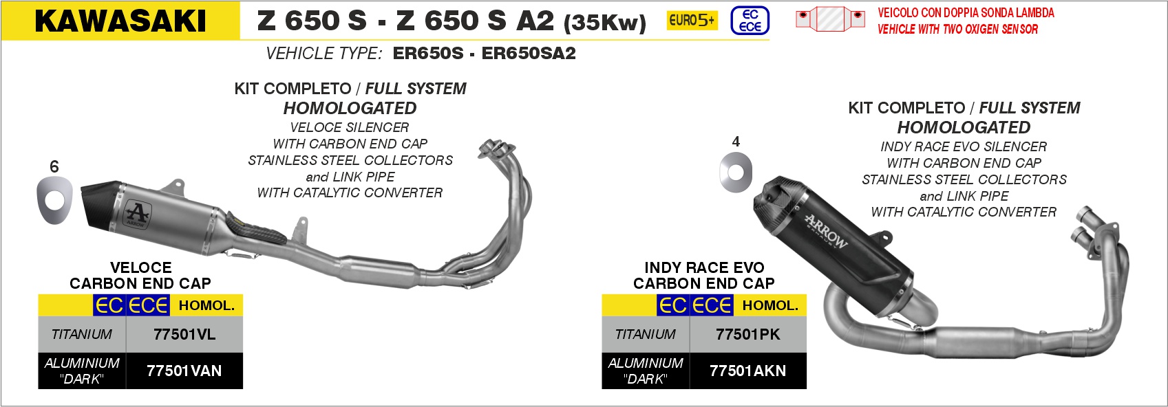 Kit completo omologato con terminale Veloce in alluminio Dark"" ARROW per Kawasaki Z 650 S dal 2026.0 al - immagine 3