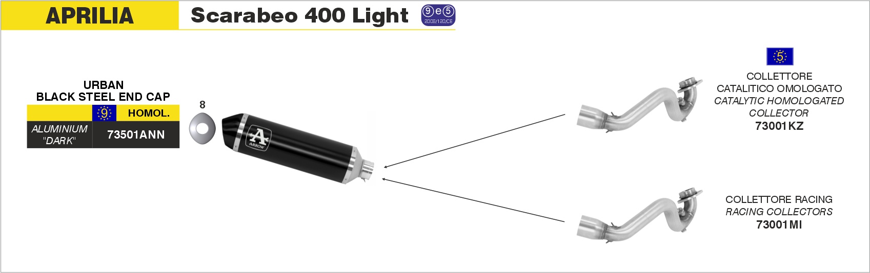 Collettore catalitico omologato per scarico Urban ARROW per Aprilia SCARABEO 400 Light dal 2006.0 al 2011 - immagine 4