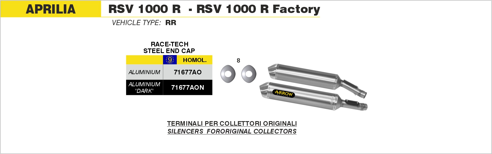 Terminali Race-Tech Approved alluminio (Dx+Sx) ARROW per Aprilia RSV 1000 R / R Factory dal 2004.0 al 2008 - immagine 3