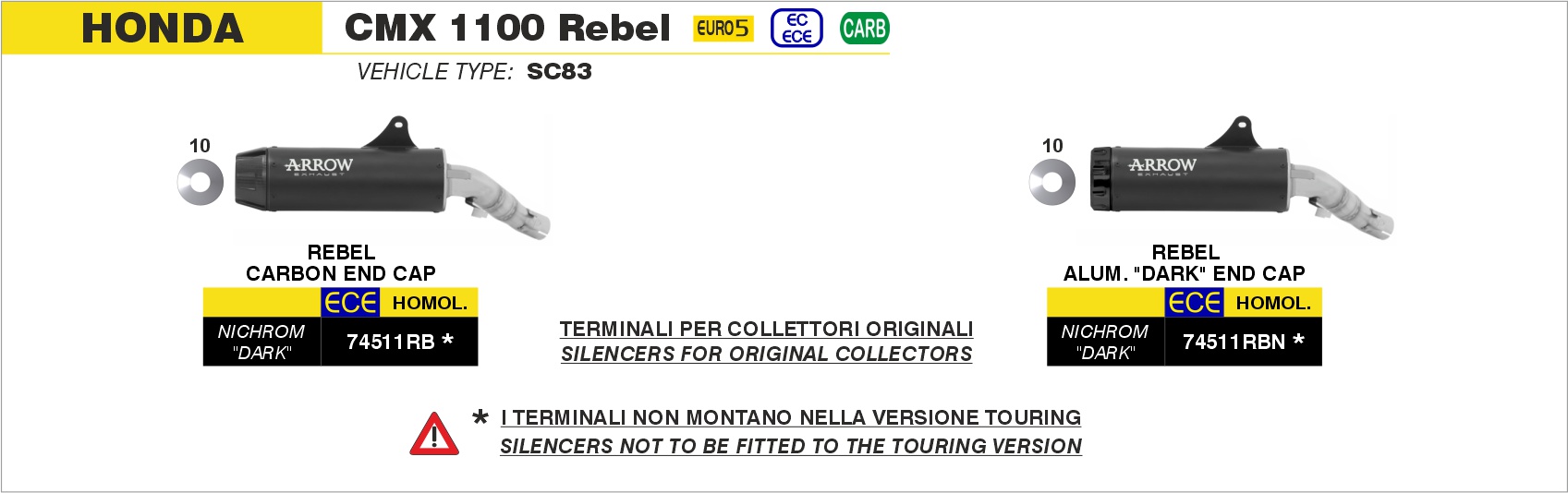 Kit terminale Rebel con fondello in carbonio ARROW per Honda CMX 1100 Rebel dal 2021.0 al 2025 - immagine 4