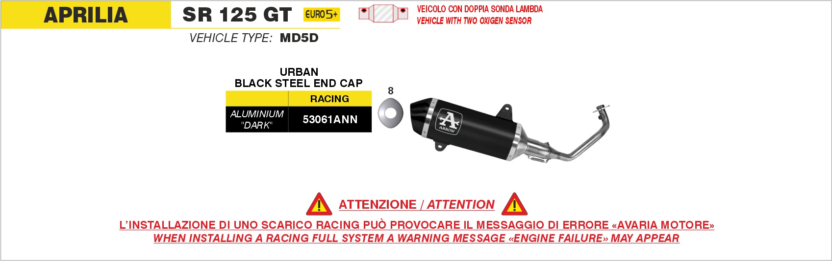 Kit completo racing con terminale Urban in alluminio Dark" con fondello inox "Dark"" ARROW per Aprilia SR 125 GT dal 2025.0 al 2026 - immagine 2