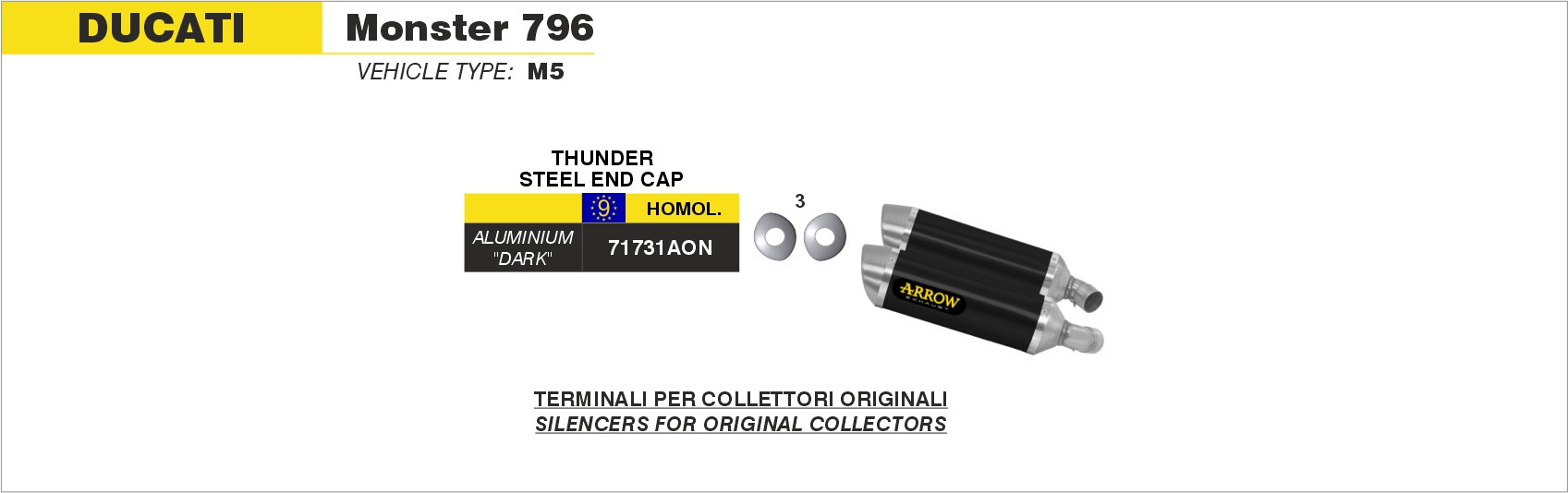 Terminali Thunder Approved Alluminio (Dx+Sx) ARROW per Ducati Monster 796 dal 2010.0 al 2014 - immagine 4