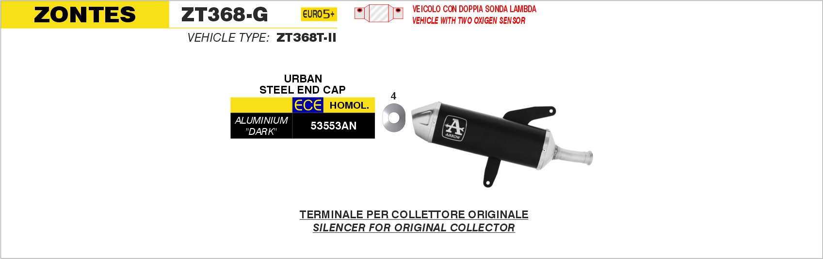Terminale Urban in alluminio Dark" con fondello inox" ARROW per Zontes ZT368-G dal 2025.0 al 2026 - immagine 2