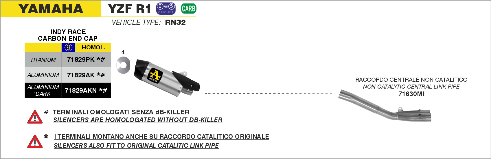 Terminale Indy Race titanio con fondello carby + raccordo non catalitico ARROW per Yamaha YZF R1 dal 2015.0 al 2016 - immagine 4