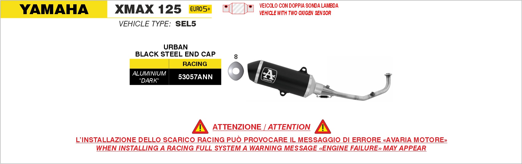 Kit completo racing con terminale Urban in alluminio Dark" con fondello inox "Dark"" ARROW per Yamaha XMAX 125 dal 2025.0 al 2026 - immagine 2